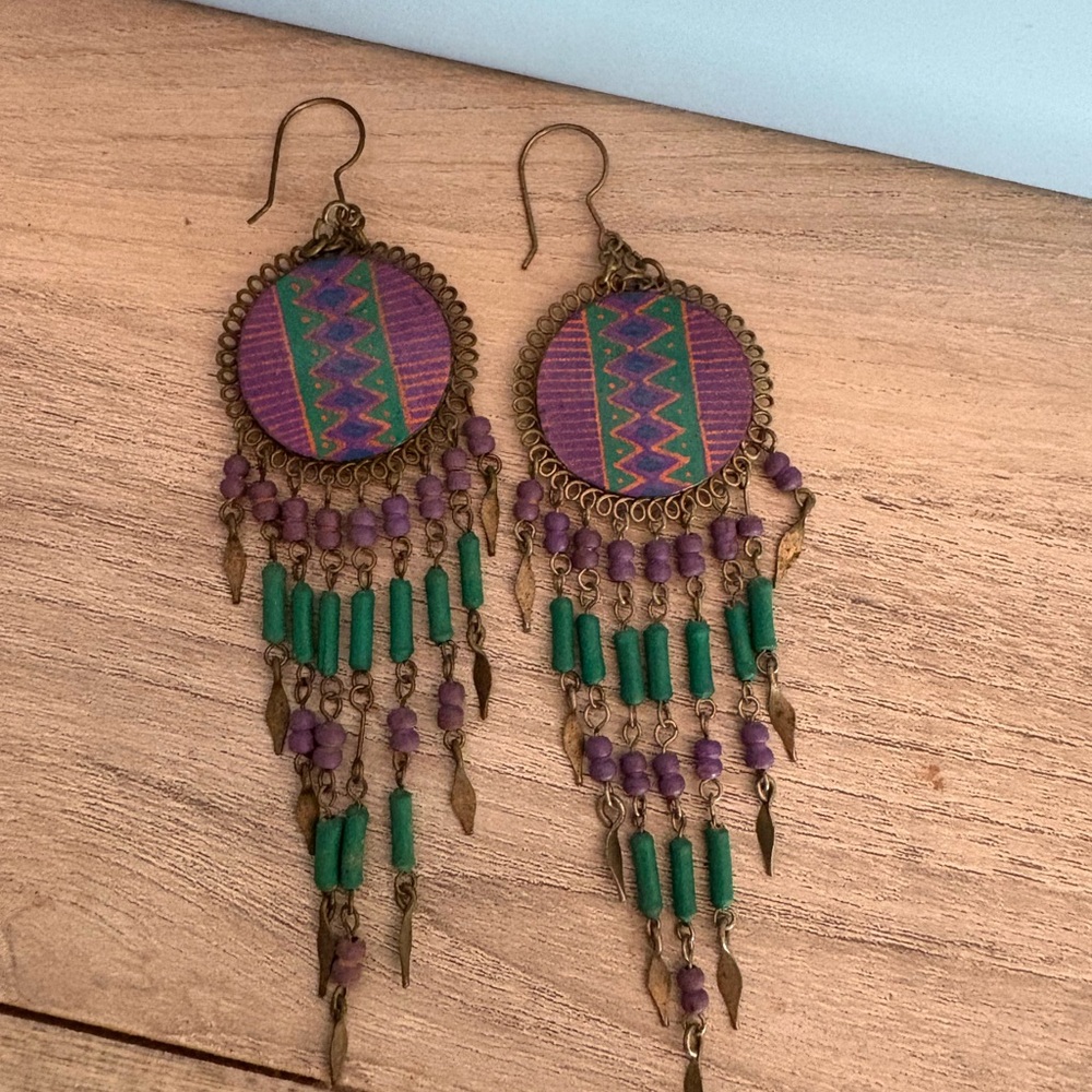 Vintage Bohemian Purple and Green Dangle Earrings